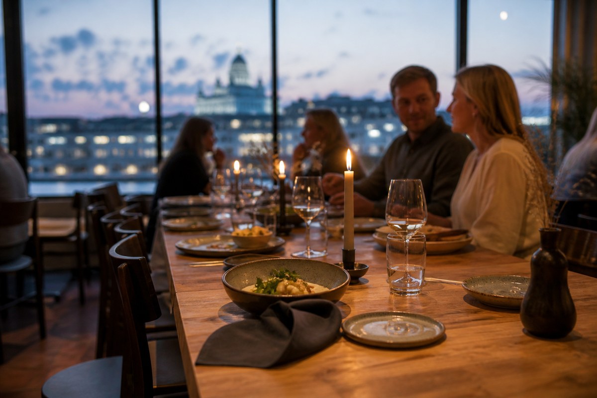 Nordic hotel restaurant with candlelight and city windows