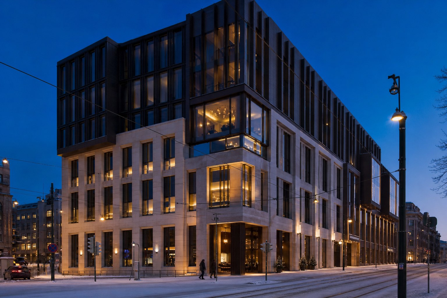 LuckyWorldss Casino Hotel on Fabianinkatu at blue hour in Helsinki