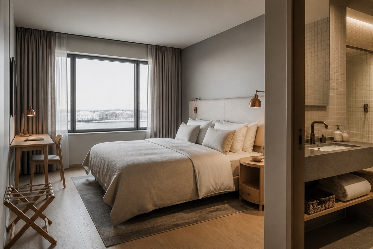 Nordic hotel suite with oak floors and soft grey linen